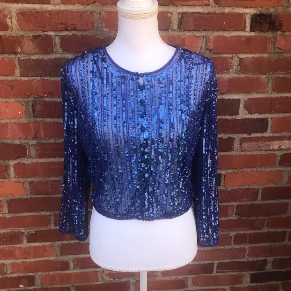 Rosa Clara Couture Long Sleeve Topper Jacket Size 12 Something Blue Sequins